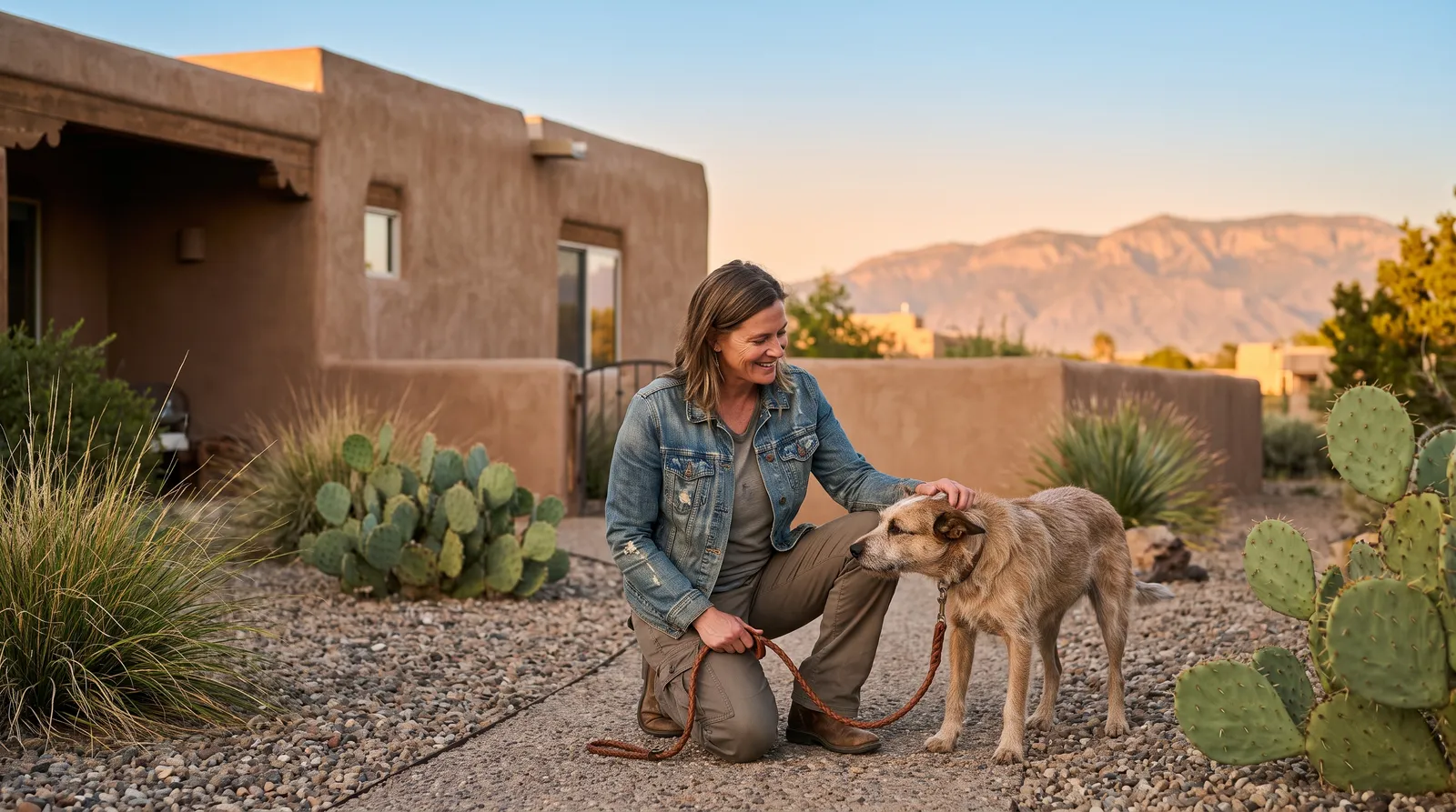 Dog sitter Albuquerque crouching with dog outside adobe home, Sandia Mountains behind